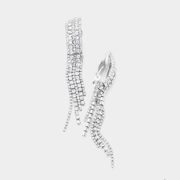 Rhinestone Silver ClipOn Fringe Dangle Earrings 3" Fashion Statement Accessory - Picture 2 of 3